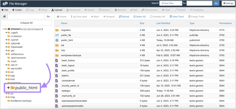 De juiste map selecteren in cPanel