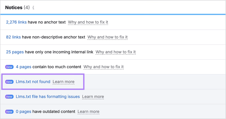 Controle van llms.txt in Semrush Site Audit